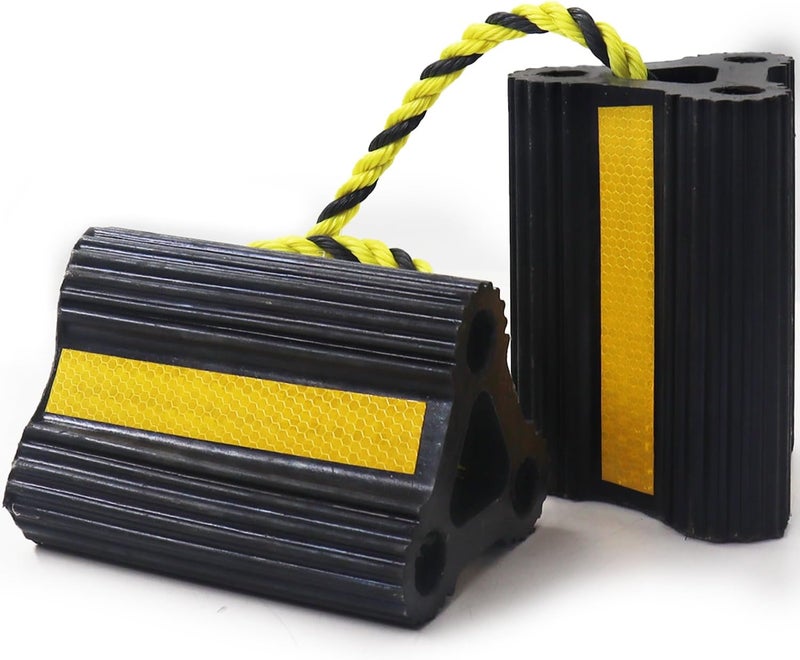 WECARLLE Wheel Chocks for Trailers RVs Camper Trucks and Small Aircraft Wheel Chock, Wheel Chocks Block with 3 Reflective Strips,Versatile Heavy Duty Solid Rubber Wheel Immobilizers & Chocks[1 Pair 2 Pack] - Image 1